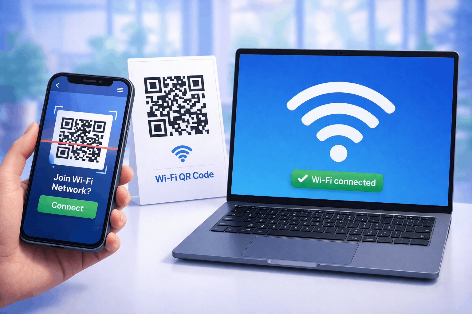 Illustration showing how to use a QR code to connect to Wi-Fi or internet on a smartphone and laptop