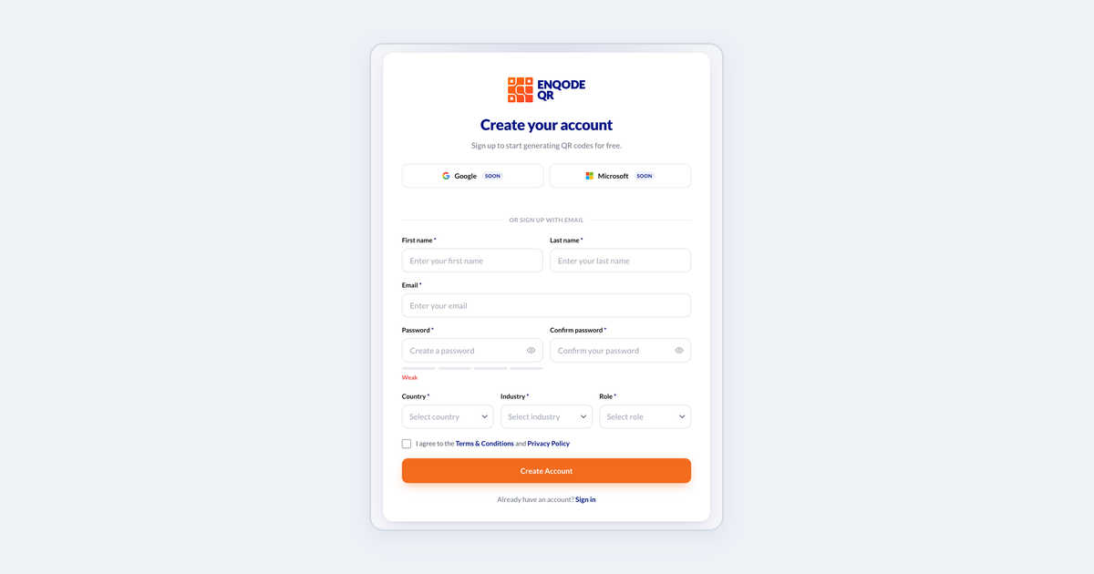 The Create your account page: first and last name, email, password, country, industry and role fields, the terms checkbox and the Create Account button.