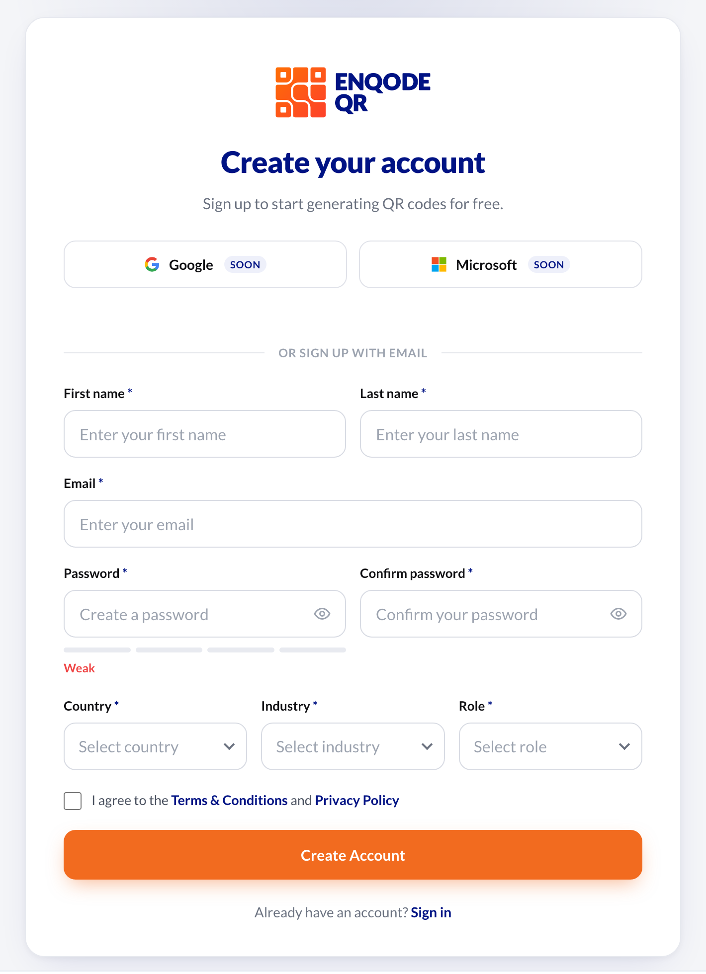 The Create your account page: name, email, password, country, industry and role fields, the terms checkbox and the Create Account button.
