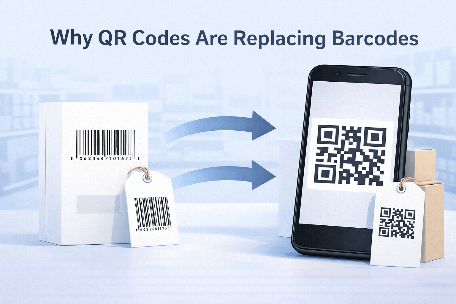Illustration showing QR codes replacing traditional barcodes in modern usage