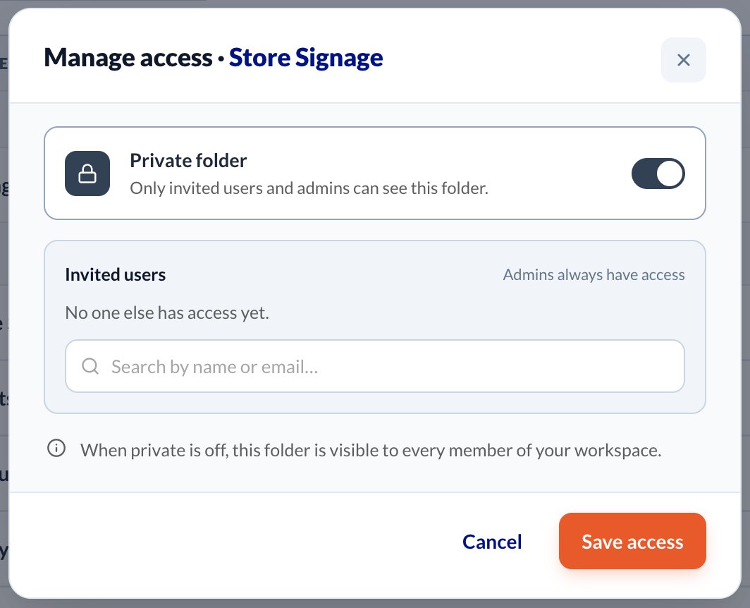 The Manage access window for a folder: the Private folder switch, the invited users list with a search box for name or email, and Save access.