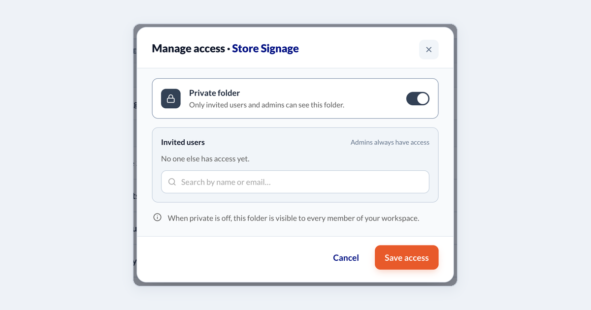 The Manage access window for a folder: the Private folder switch, the invited users list with a search box for name or email, and Save access.