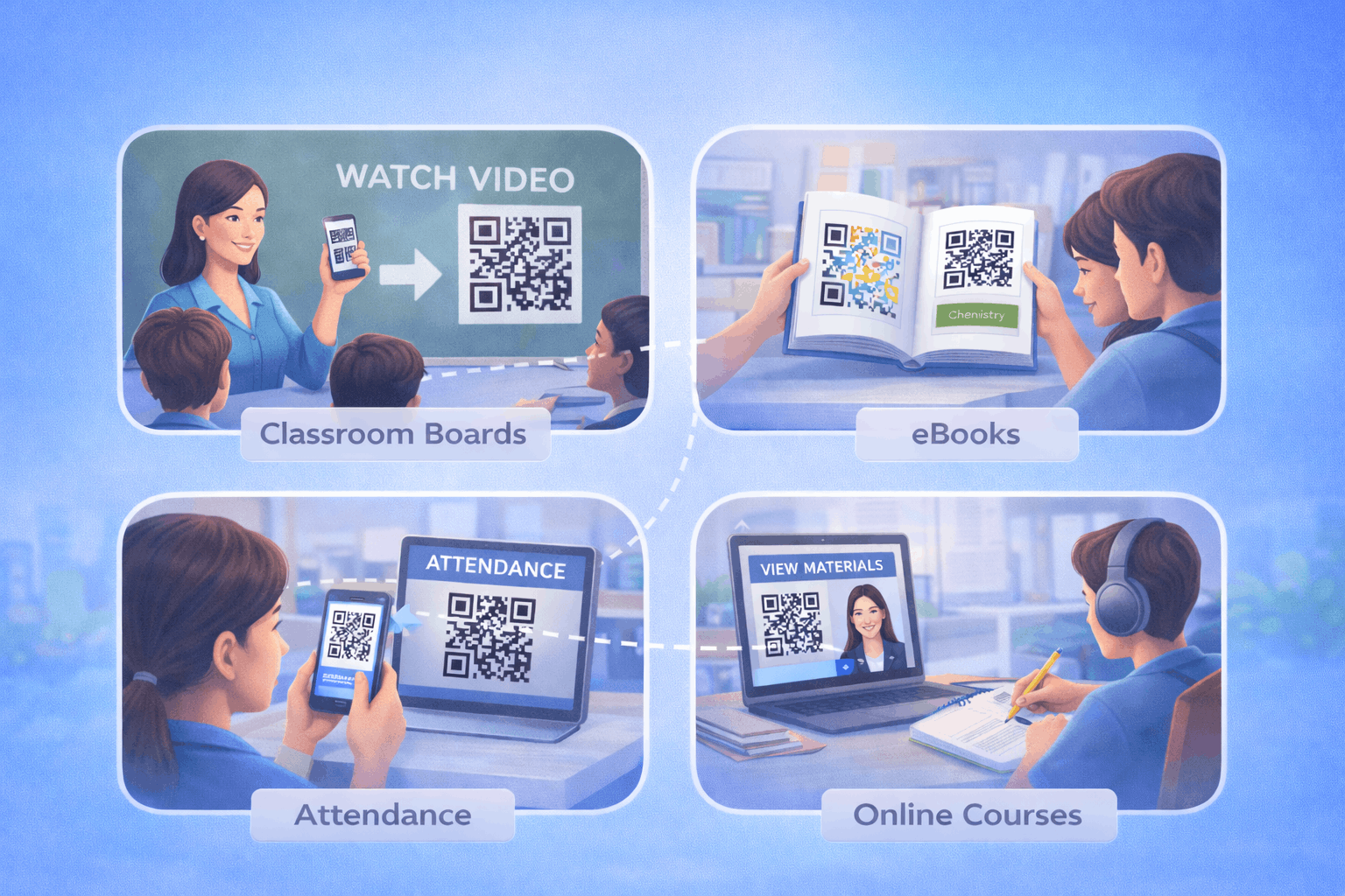 Digital illustration of students and teachers using QR codes in education, classroom boards, eBooks, attendance, and online courses