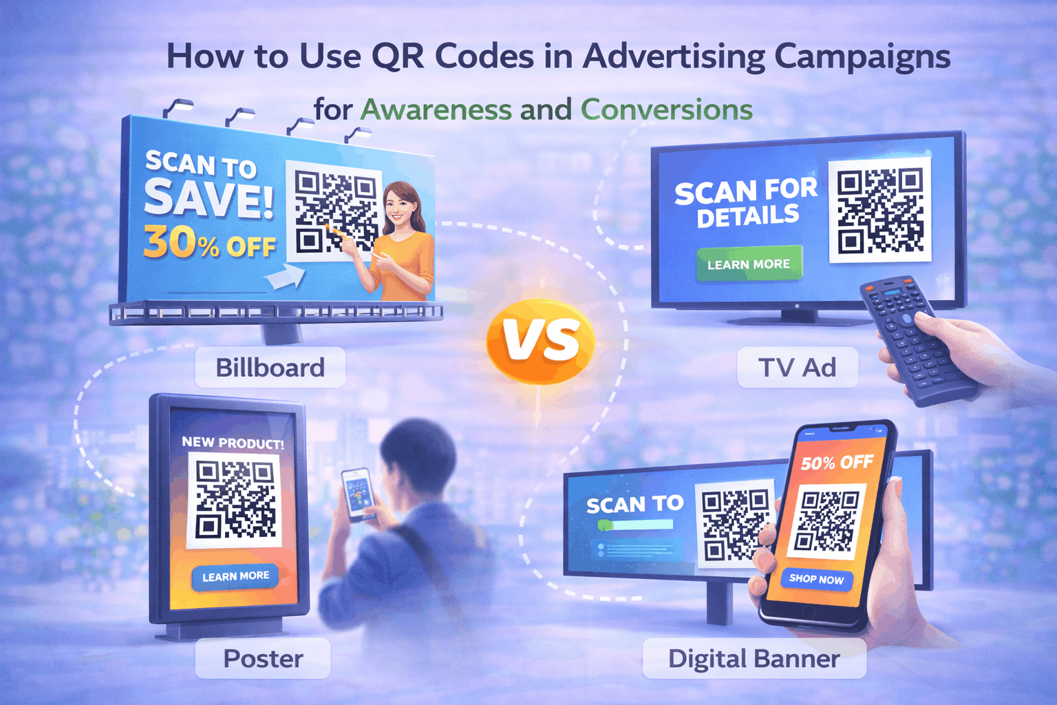 Illustration of QR codes used in billboards, posters, TV ads, and digital banners for advertising campaigns