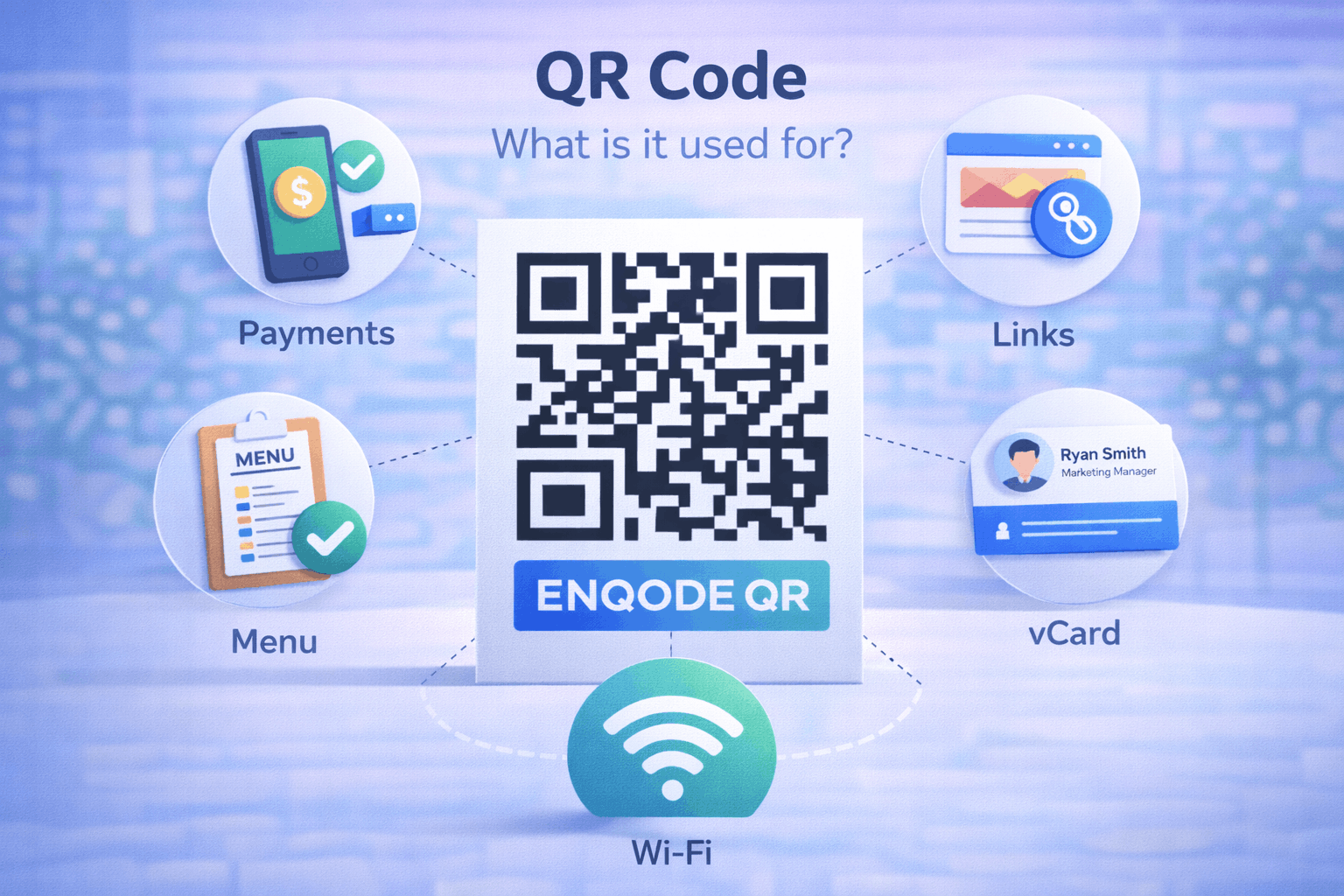 Illustration showing QR code uses like payments, links, Wi-Fi and menu