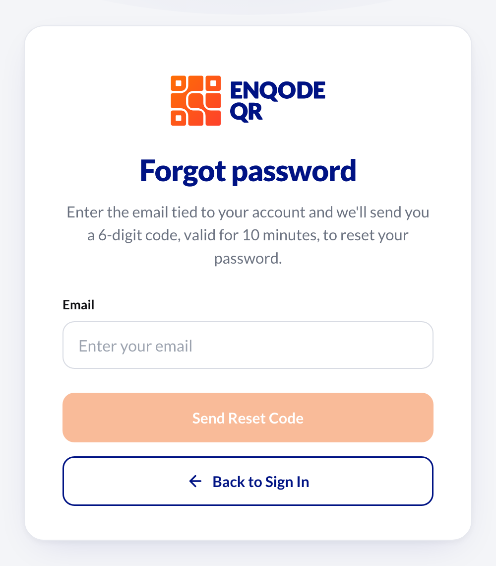 The Forgot password page: an email field, the Send Reset Code button and Back to Sign In.
