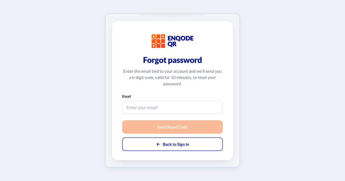 The Forgot password page: an email field, the Send Reset Code button and Back to Sign In.