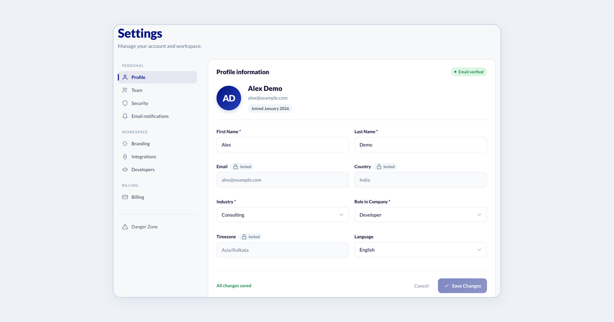 Settings, Profile tab: first and last name, locked email, country and timezone, industry, role in company and language, with Save Changes.