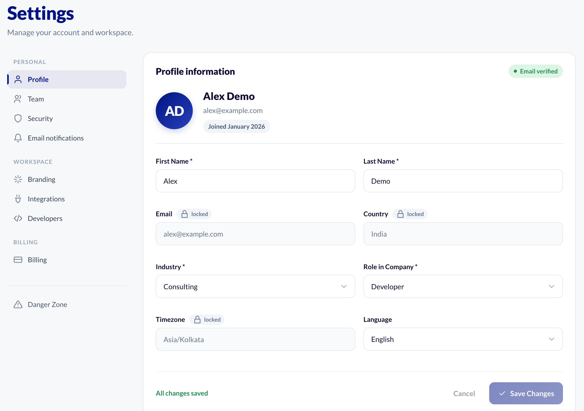 Settings, Profile tab: first and last name, locked email, country and timezone, industry, role in company and language, with Save Changes.