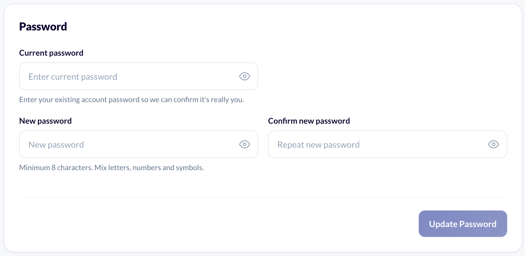 Settings, Security tab: the Password card with Current password, New password and Confirm new password fields and the Update Password button.