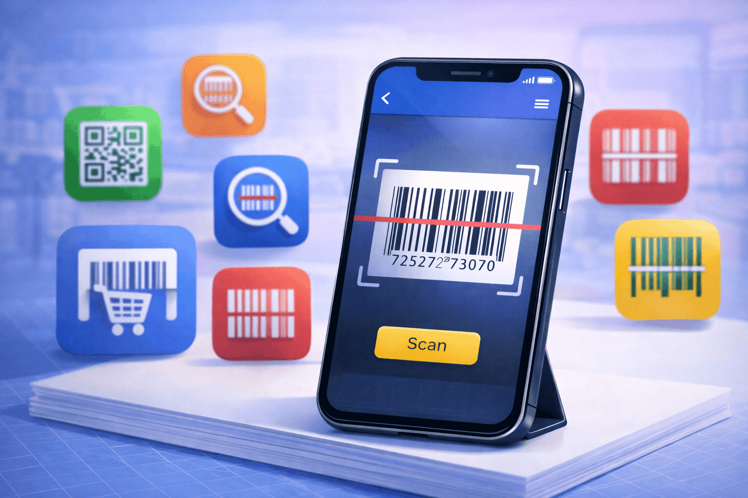 A smartphone screen displaying a barcode being scanned by an app, with various app icons in the background