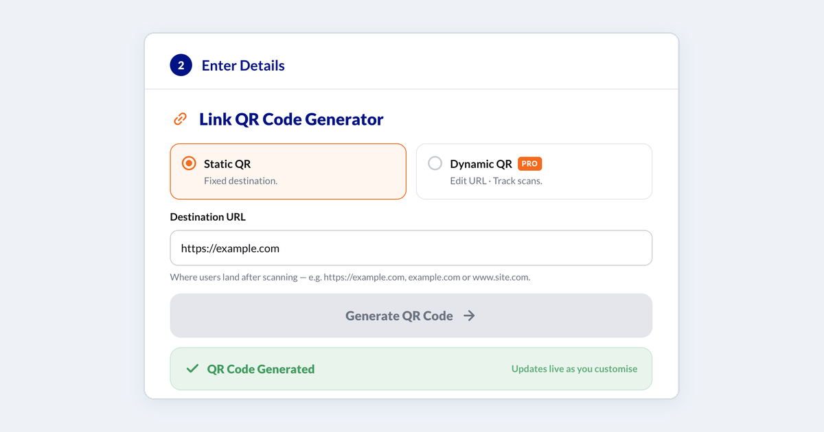 Step 2 of the Enqode QR generator, Enter Details: the Link QR Code Generator with Static QR selected, https://example.com as the destination URL, and QR Code Generated confirmed.