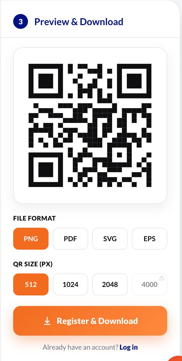 Step 3: the generated QR code preview with file format and size options and the download button.