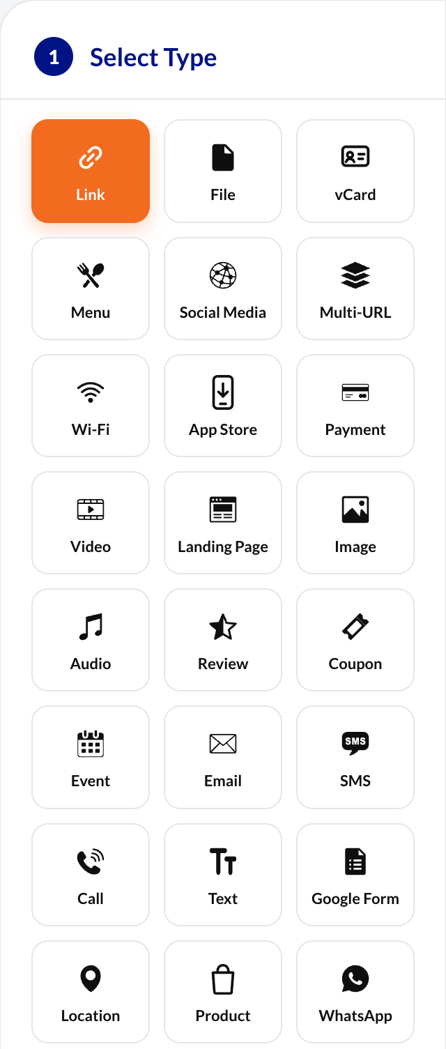 Step 1 of the generator: a grid of QR code types with Link selected.