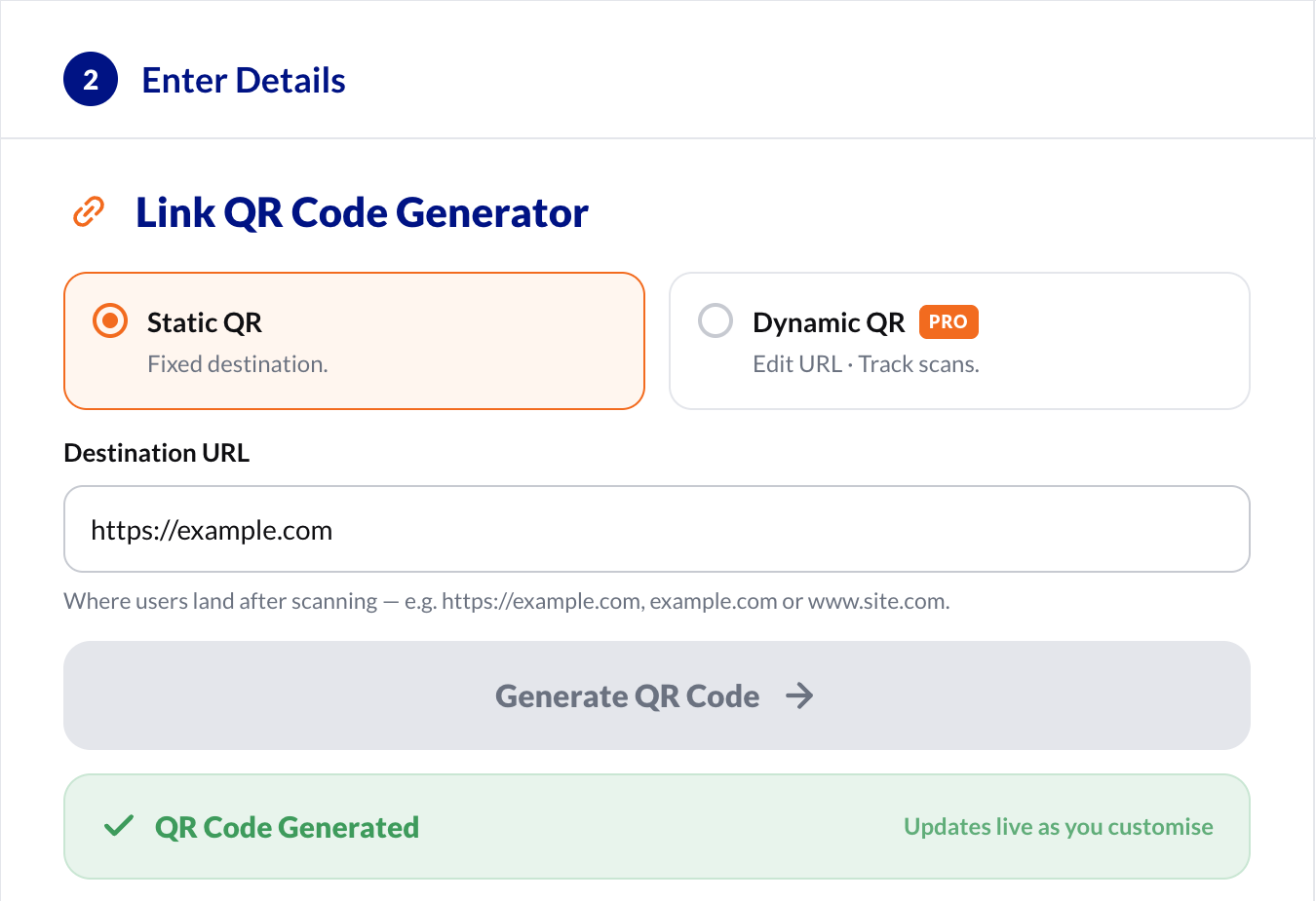 Step 2: the Link form with Static QR selected, https://example.com entered, and QR Code Generated confirmed.