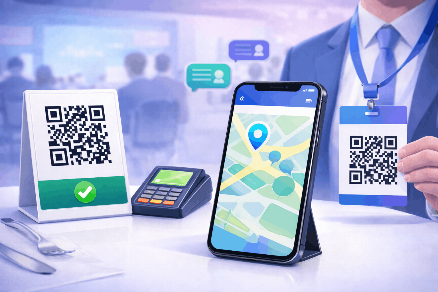 Illustration showing QR codes being used at an event for check-in, maps, networking, and engagement