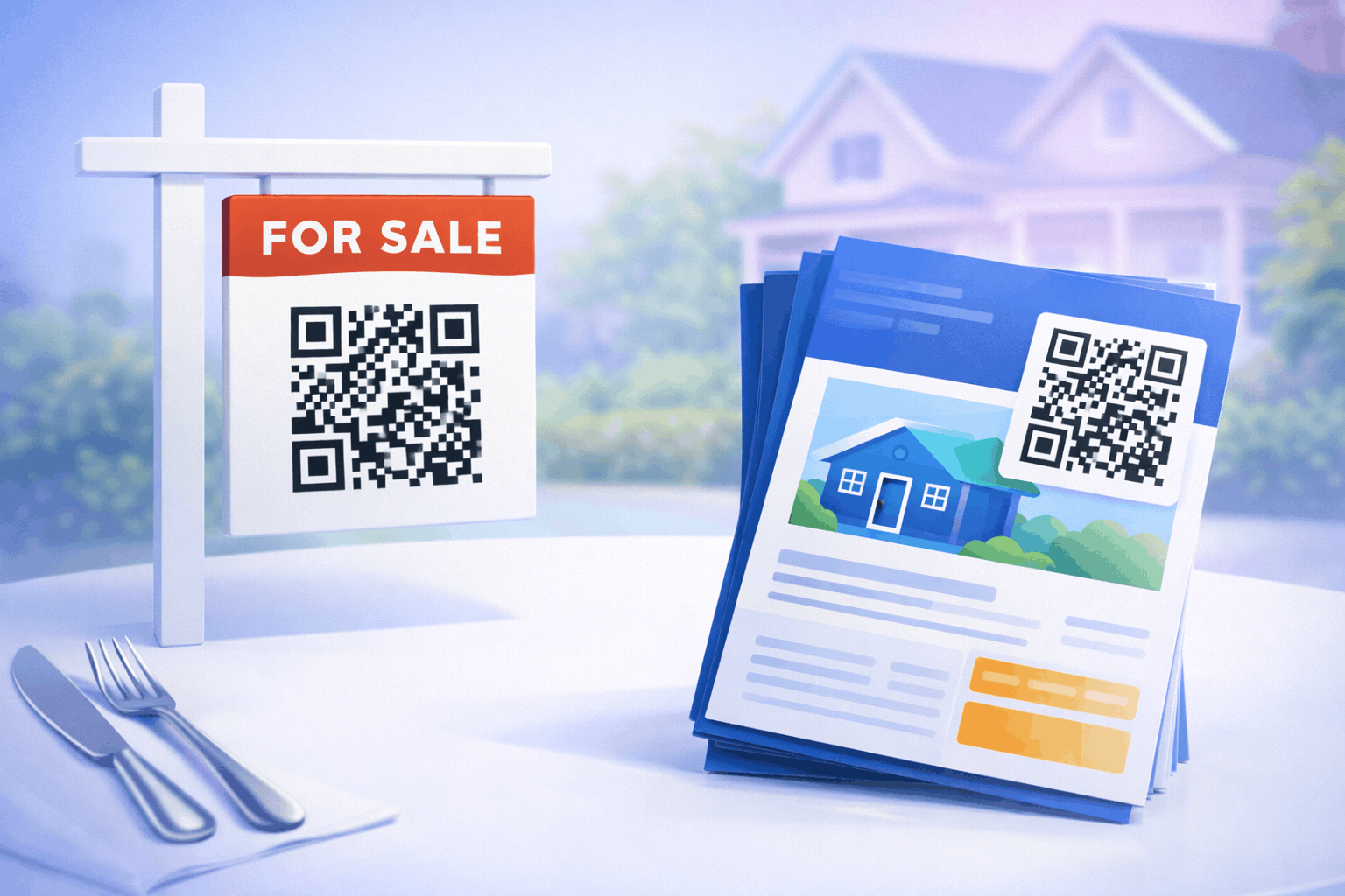 Flat-style illustration showing QR codes on real estate signboards and brochures