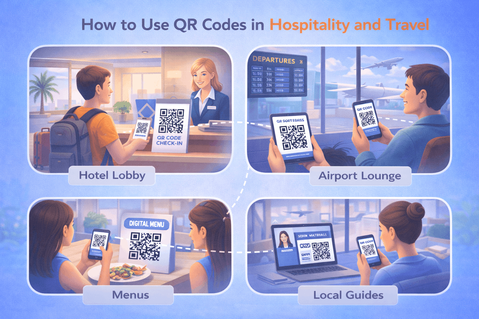 Flat-style illustration of a hotel lobby and airport lounge with travelers scanning QR codes for check-in, menus, boarding passes, and local guides