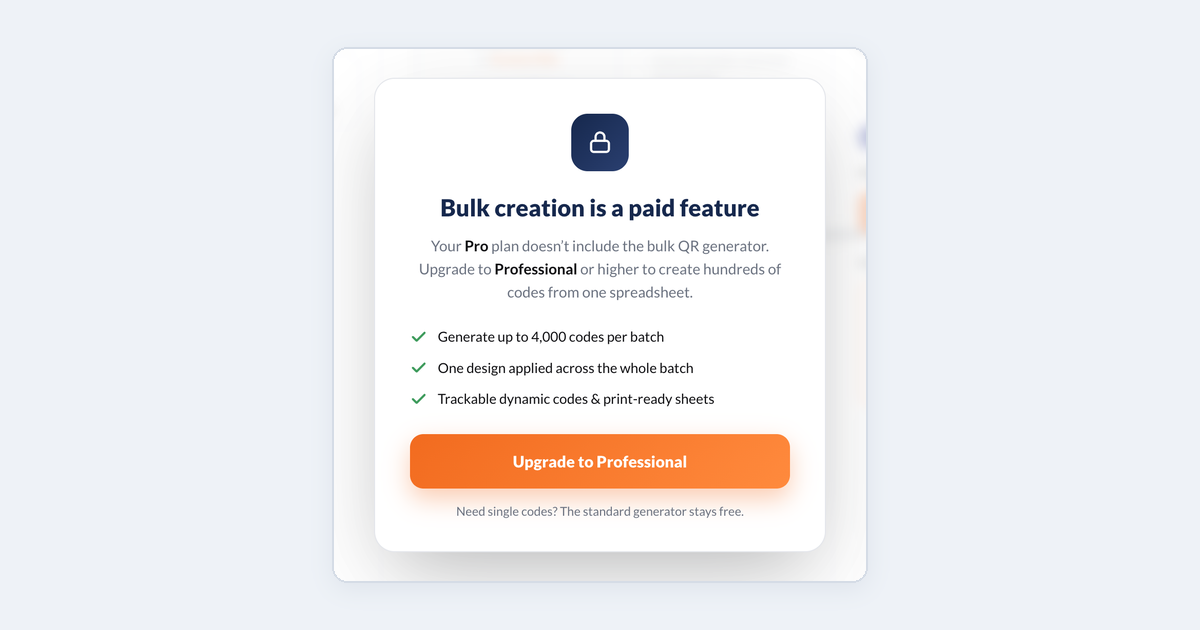 The bulk generator's notice on plans without bulk creation: Bulk creation is a paid feature, what bulk adds, and the Upgrade to Professional button.