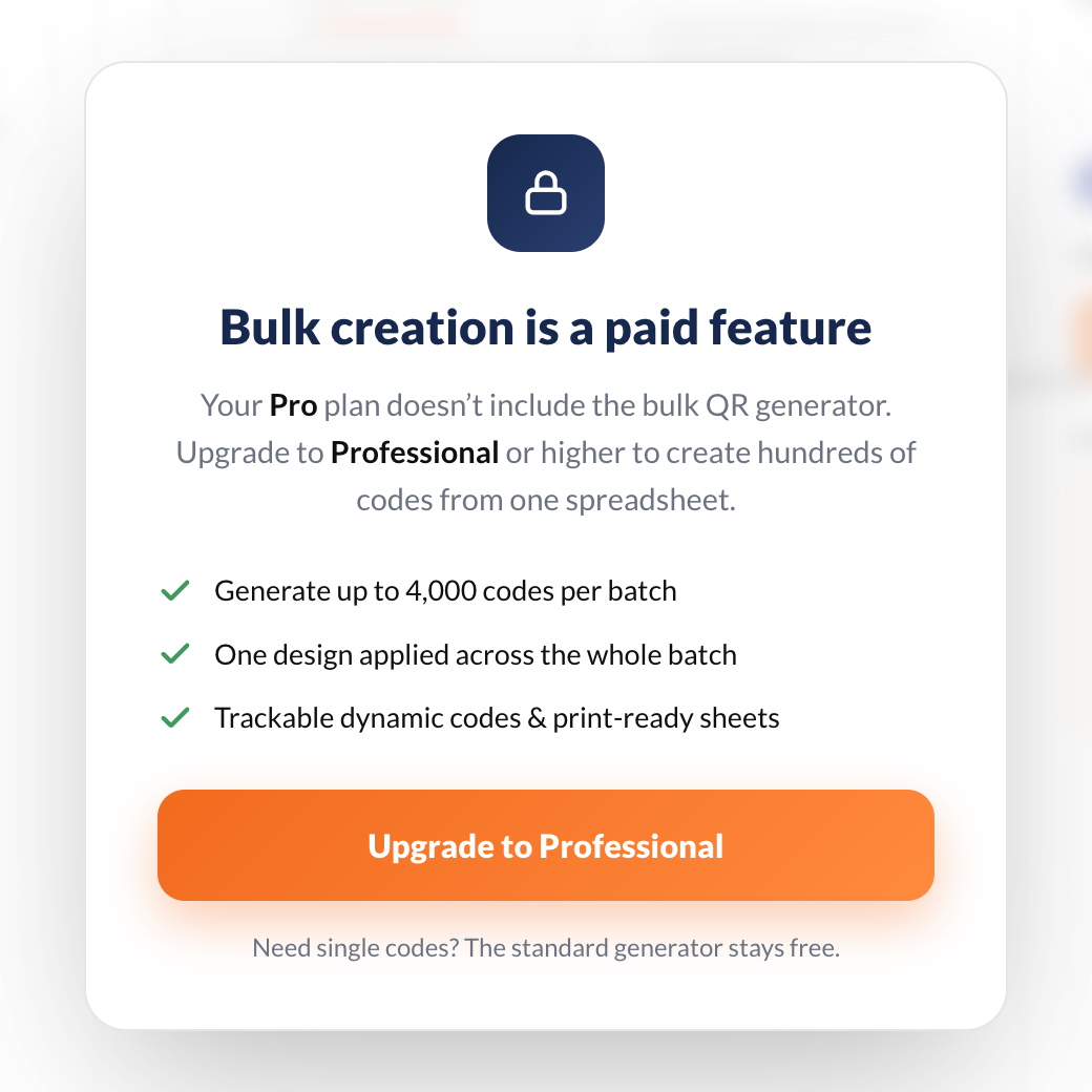 The bulk generator's notice on plans without bulk creation: Bulk creation is a paid feature, what bulk adds, and the Upgrade to Professional button.