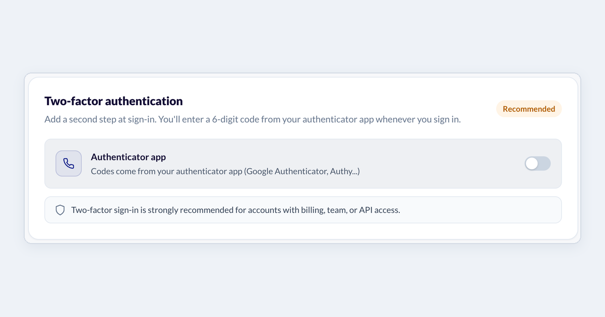 Settings, Security tab: the Two-factor authentication card with the Authenticator app switch off.