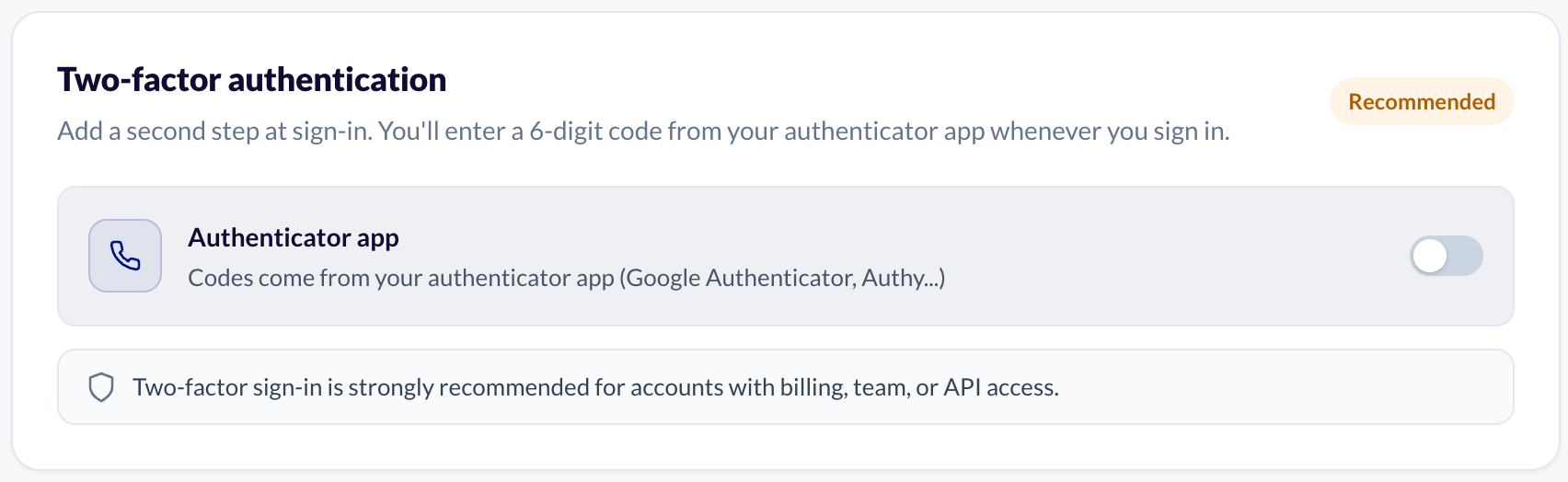 Settings, Security tab: the Two-factor authentication card with the Authenticator app switch off.