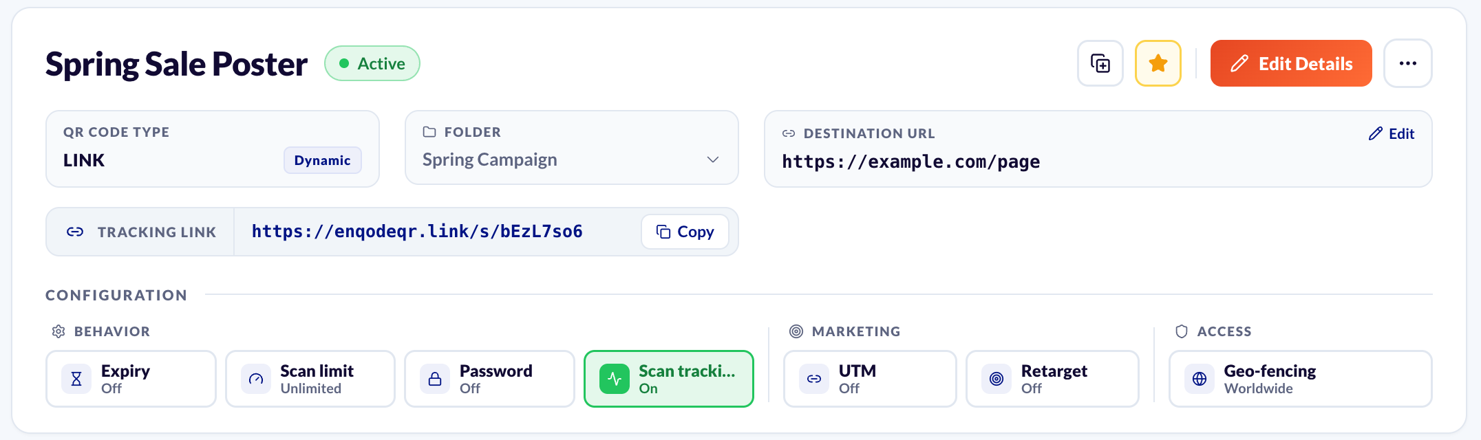 A dynamic code's page: name, folder and destination at the top, and the Configuration panel with Expiry, Scan limit and Password under Behavior, UTM and Retarget under Marketing, and Geo-fencing under Access.