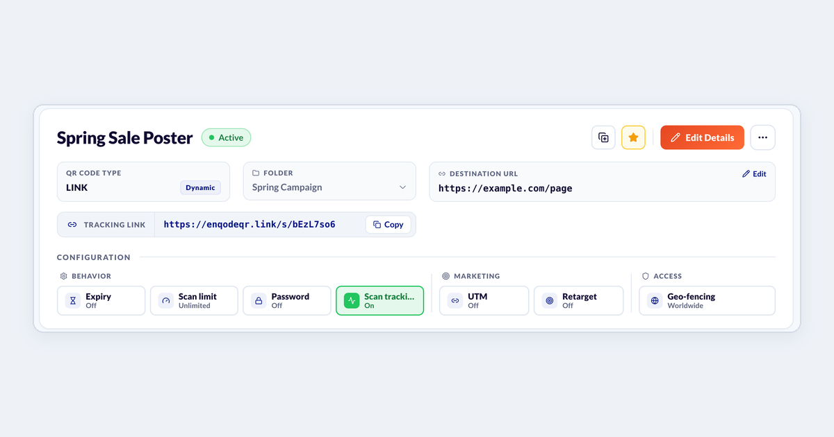 A dynamic QR code's page: name, folder and destination at the top, and the Configuration panel with Expiry, Scan limit and Password under Behavior, UTM and Retarget under Marketing, and Geo-fencing under Access.