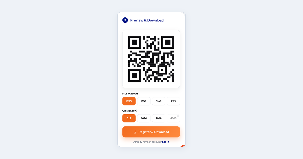Step 3 of the generator, Preview & Download: the QR code preview with file format (PNG, PDF, SVG, EPS) and size options and the download button.