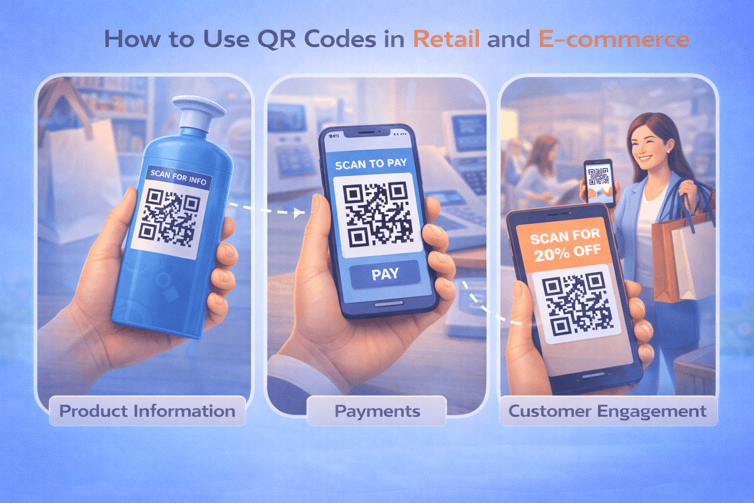 Digital illustration of retail and e-commerce products with QR codes for product information, payments, and customer engagement