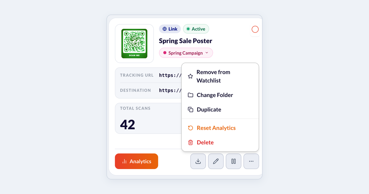A QR code card in My QR Codes with its More options menu open: Remove from Watchlist, Change Folder, Duplicate, Reset Analytics and Delete.