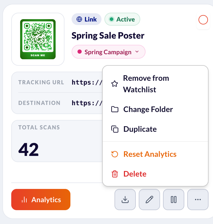 A code card in My QR Codes with its More options menu open: Remove from Watchlist, Change Folder, Duplicate, Reset Analytics and Delete.