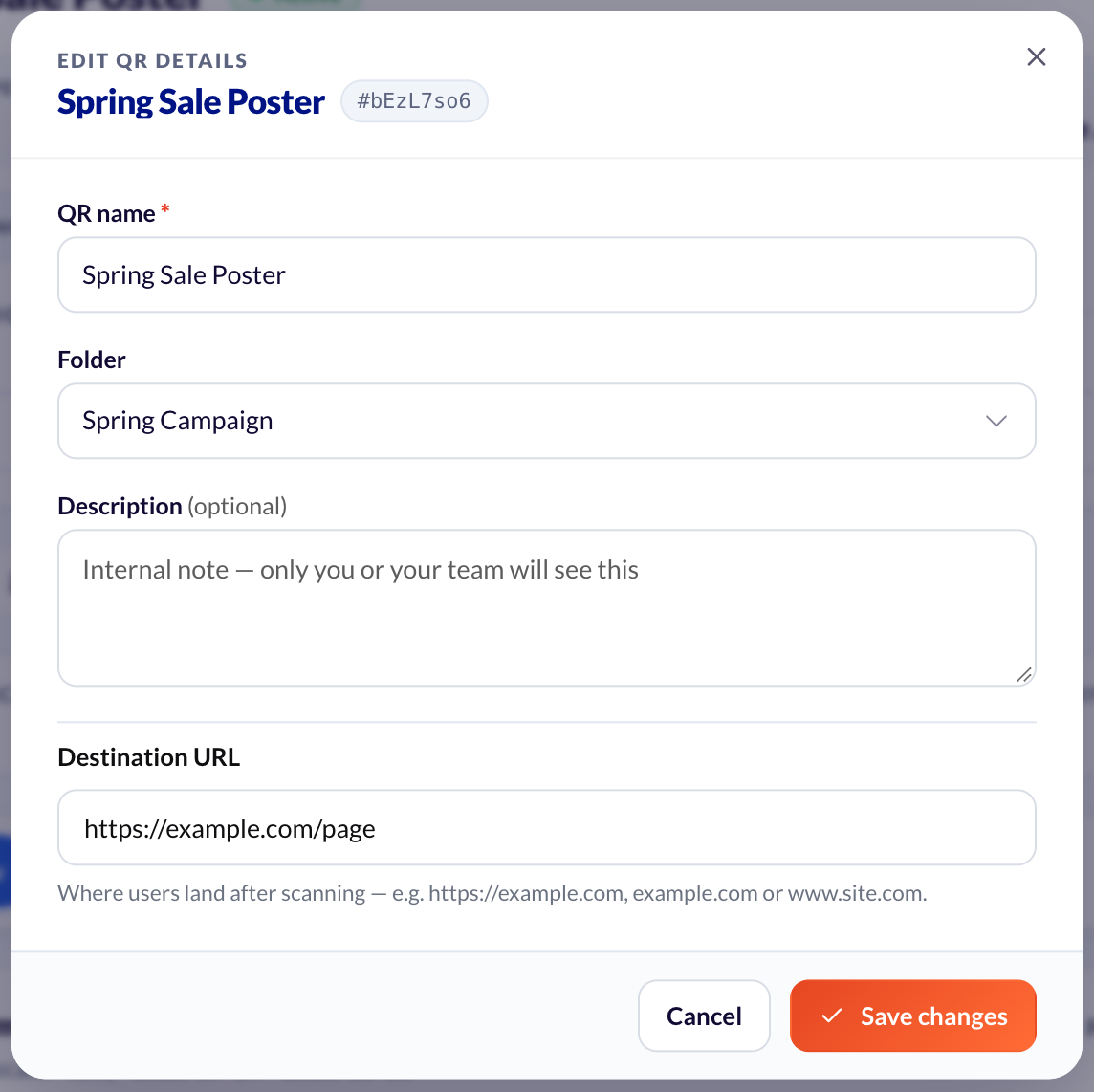 The Edit QR Details window: QR name, Folder, Description and Destination URL fields, with Cancel and Save changes.