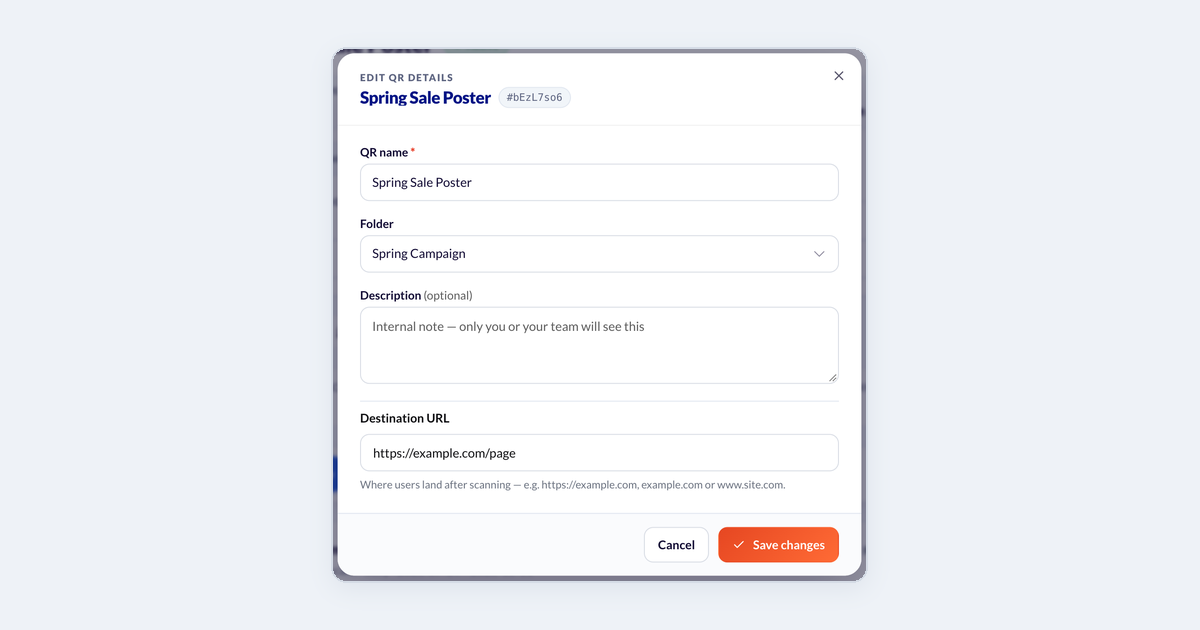 The Edit QR Details window: QR name, Folder, Description and Destination URL fields, with Cancel and Save changes buttons.
